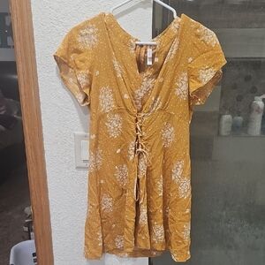 Women’s Mustard Yellow Lace-Front Floral Tie Dress